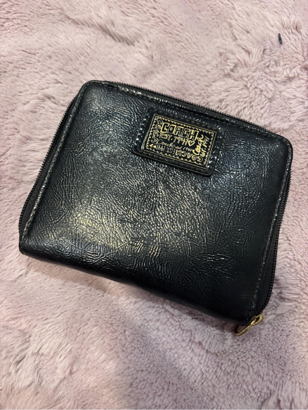 Coach Black Leather Zip Wallet with Gold Logo Plaque